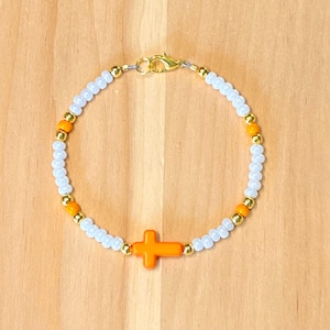 White Cross Bracelet, Beaded Cross Bracelet, Orange Cross Bracelet, Religious Gift, Girls Cross Bracelet, White Bead Cross Bracelet