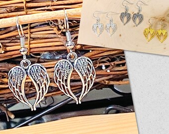 Silver Angel Wing Earrings, Double Wing Earrings, Angel Wing Jewelry, Antique Silver Earrings, Memorial Jewelry, Angel Wing Jewelry