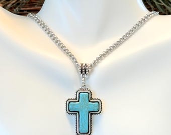 Turkoois kruisketting, kruis hanger ketting, zilver en turkoois kruisketting, zuidwesten ketting, beste kerstcadeau