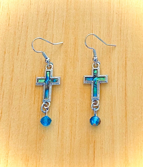 Cross Earrings Made with Turquoise-Color Crystal Sterling Silver Cross Earrings Made with Turquoise-Color Crystal Sterling Silver