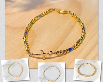 Pulsera de la cruz de oro para las mujeres, pulsera de la cruz del oro diminuto, pulsera de la cruz con cuentas, regalo religioso, pulsera cristiana, regalos para ella