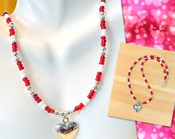 Red White Bead Necklace, Silver Heart Necklace, Silver Heart Necklace Women, Red Bead Necklace, Mothers Day Gift, Sister Gift, Gift for Her