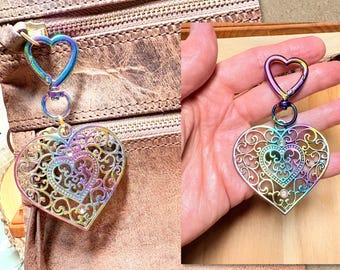 Iridescent Heart Purse Charm, Filigree Heart Purse Charm, Purple Iridescent Handbag Bling,  Heart Zipper Pull, Womens Gift, Gifts