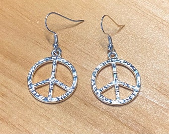 Peace Sign Earrings, Silver Peace Sign Earrings, Gifts for Her, 60s jewelry, hippie earrings