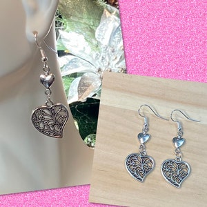 Boucles d&#39;oreilles coeur en argent, Boucles d&#39;oreilles double coeur, Boucles d&#39;oreilles pendantes coeur en argent, Boucles d&#39;oreilles coeur en filigrane, Boucles d&#39;oreilles tendance, Cadeaux pour elle