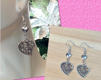 Silver Heart Earrings, Double Heart Earrings, Silver Heart Dangle Earrings, Filigree Heart Earrings, Statement Earrings, Gifts for Her