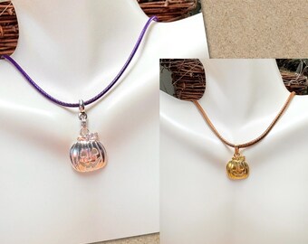 Jack O Lantern Cord Necklace, Pumpkin Cord Necklace, Silver Pumpkin Pendant, Gold Pumpkin Cord Necklace, Halloween Jewelry