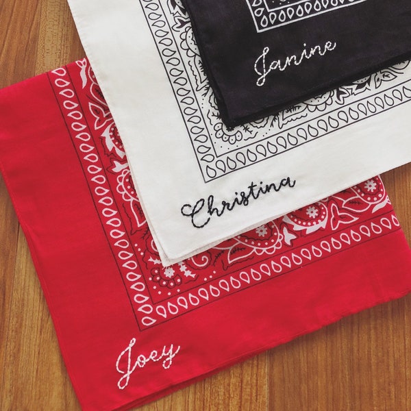 Embroidered Bandana- Custom Name Hankerchief- Hand Embroidery Personalizable Gift- Bachelorette Party Favors- Bridesmaid Groomsmen Present