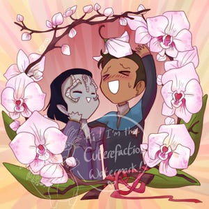 以下が含まれることがあります： ピンクの蘭に囲まれた2人の漫画のキャラクターのデジタルイラスト。1人のキャラクターは灰色の肌と黒い髪、もう1人は茶色の肌で笑顔です。画像には「I'm the Cuterefaction Watermark！」というテキストがあります。