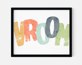 VROOM Playroom Wall Art for Kids Room, Car Room, Boy Nursery, and Playroom. Colorful VROOM Poster Digital Print