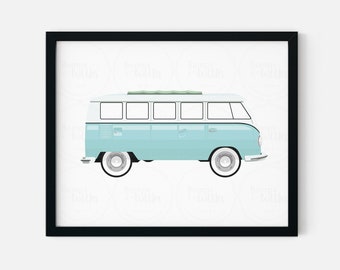 VW Bus Wall Art for Toddler Room, Baby Boy Nursery, and Children's Playroom. Retro Blue Van Digital Print - CPR103