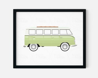 VW Bus Wall Art for Toddler Room, Baby Boy Nursery, and Children's Playroom. Retro Green Van Digital Print, Vintage Bus for Boys Room-CPR101