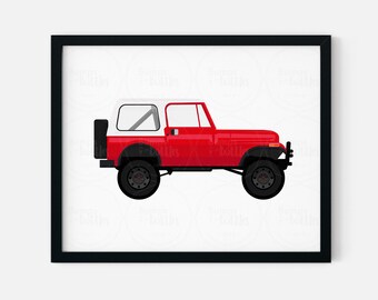 Jeep Wall Art for Toddler Room, Baby Boy Nursery, and Children's Playroom. Red SUV Digital Print, Vintage Car Art for Boy's Room -