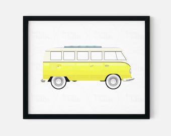 VW Bus Wall Art for Toddler Room, Baby Boy Nursery, and Children's Playroom. Yellow Van Digital Print, Vintage Bus Art for Boy's Room- CP105