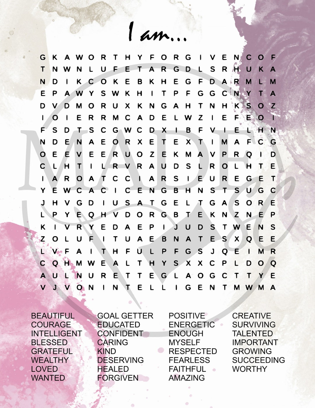 I Am Affirmation Word Search Affirmation Puzzle I Am Word Search I Am Affirmation Word Search Affirmation Puzzle I Am Word Search