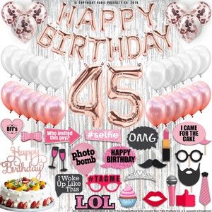 45th Birthday Decorations, Birthday Party Supplies, 45th Birthday Banner, Rose Gold Confetti Balloons her, 45 Bday Cake Topper, Foil Curtain