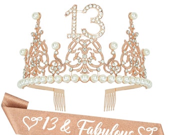 13 Sash and 13 Tiara for 13th Birthday Decorations for Girls, Happy 13th Birthday Gifts for Girls, 13 Year Old Girl Birthday Decorations