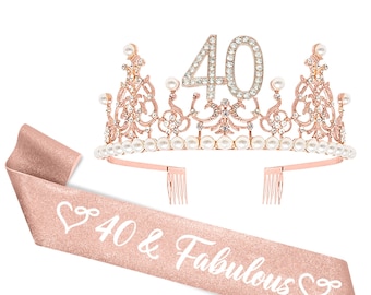 40個のサッシュとティアラで飾られた40歳の誕生日のお祝いデコレーション（女性向け）、40個の女性への面白い誕生日プレゼント、40歳の女性への面白い誕生日プレゼント、40歳の誕生日のお祝い
