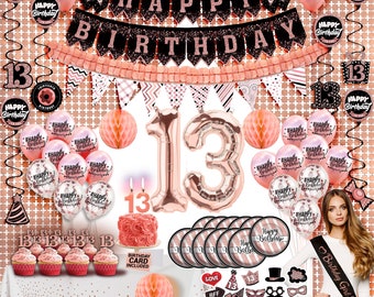 13th Birthday Party Decorations For Girls, Rose Gold Official Teenager Foil Balloons 13th Birthday Banner Fringe Curtain Crown Sash Paper Pompoms Cake Topper For 13 Year Old Girls Party Favor Supplies
