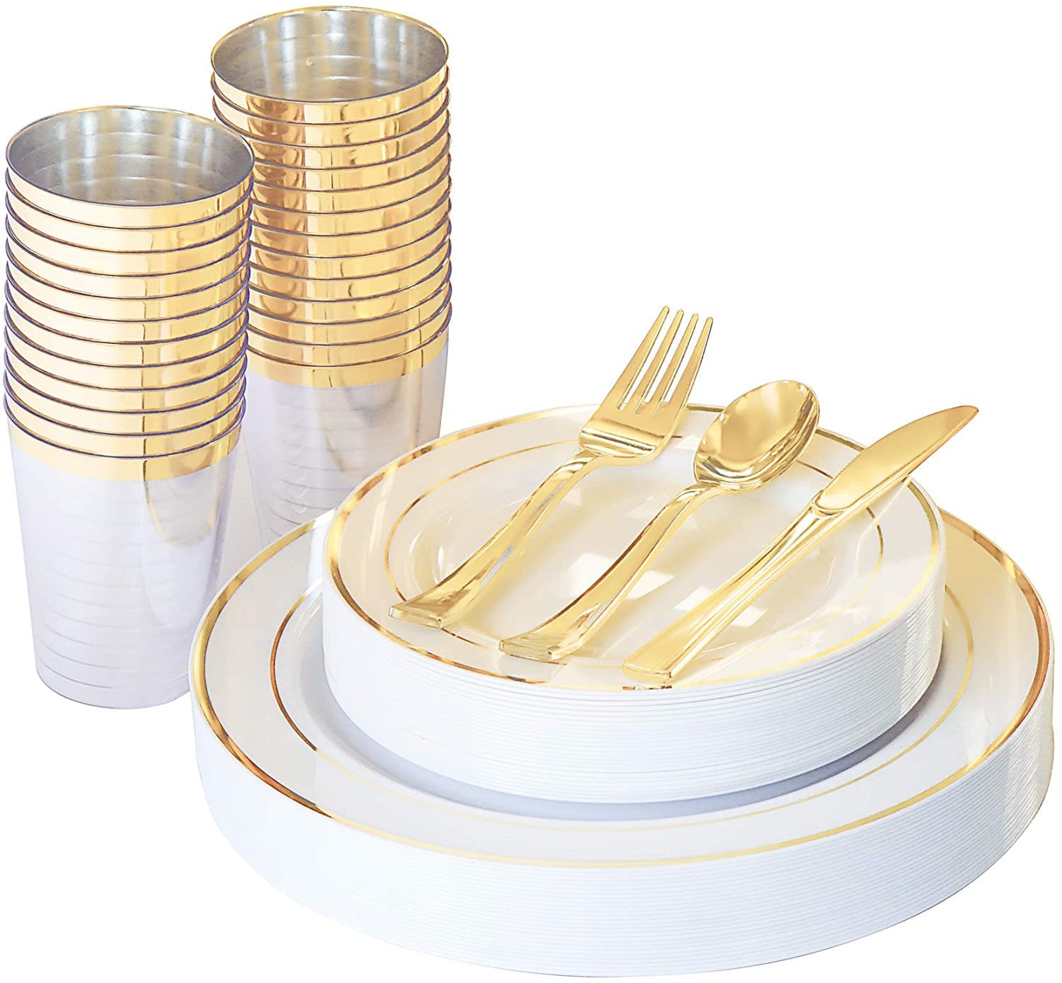 25 Spoons& 10oz Plastic Cups 25 Knives Gold Glitter Design Include 25 Dinner Plates,25 Salad Plates,25 Forks WDF 150pcs Gold Plastic Plates with Disposable Plastic Silverware&Gold Cups 