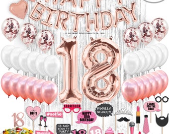 18th Birthday Decoration For Girls Rose Gold Party Supplies For Her, Cake Topper, Balloon Banner, Backdrop Photo Props 18 Year Old Bday Gift