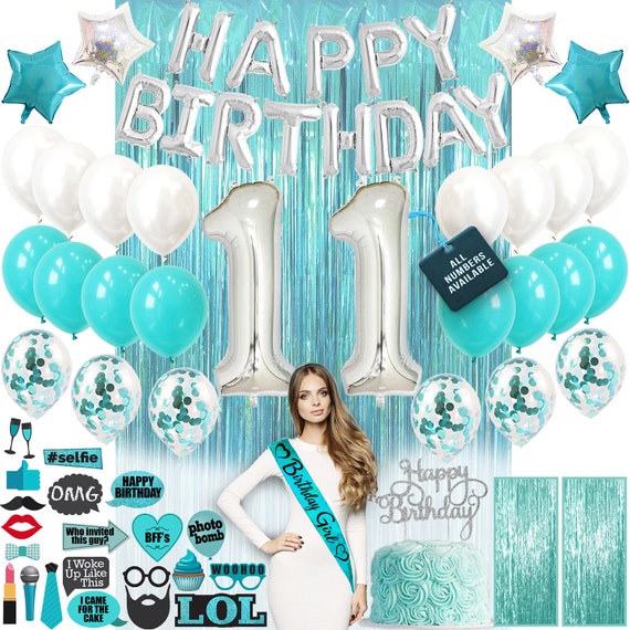 11th Birthday Decorations Party Supplies, Teal Green Party Decoration  Banner and Balloons, Photo Props, Eleven Birthday, 11th Party Supplies 