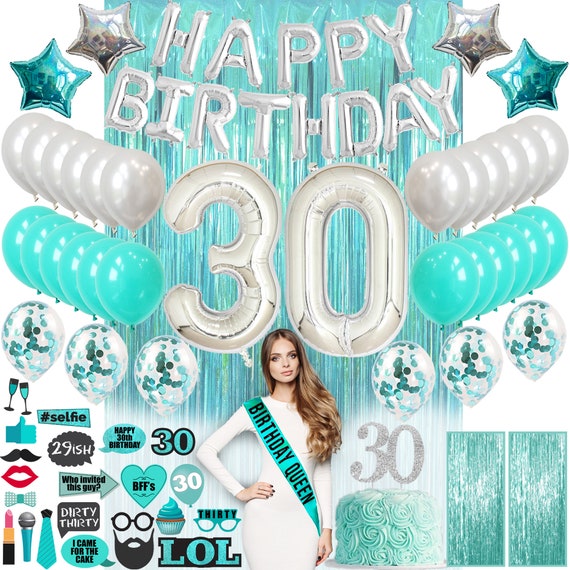 Decoración de cumpleaños número 30 verde azulado para mujer, 30 bandas,  cortina de aluminio verde azulado, decoración para tarta, accesorios para  fotos número 30, artículos para fiestas, 30 globos -  España