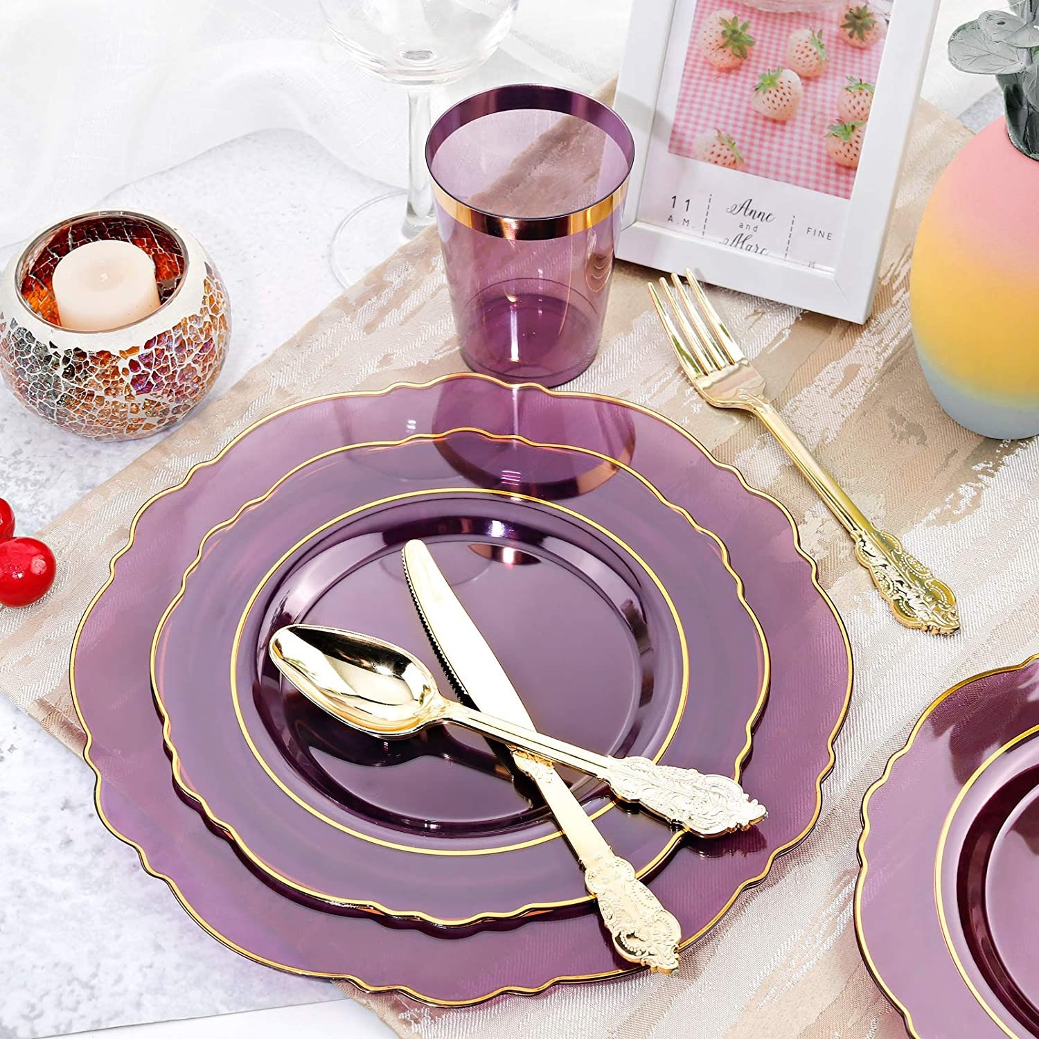 30 Guest Purple Plastic Plates with Gold Rim Disposable Etsy
