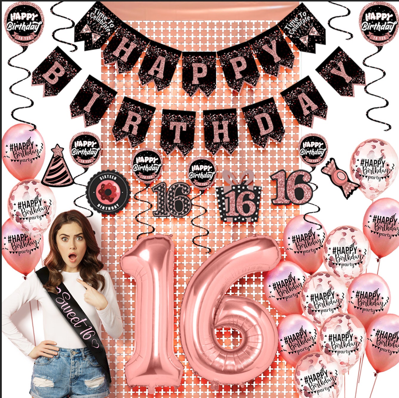 Decoraciones de cumpleaños número 13 para niñas color oro rosa - OMG UR A  TEENAGER - Cortinas con flecos para decoración de tarta, guirnalda para