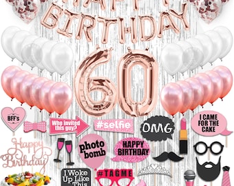 60th Birthday Decoration Rose Gold with Silver Curtain, 60 Party Supplies, 60th Sash, 60 Cake Topper, 60th Photo Props, Confetti Balloons