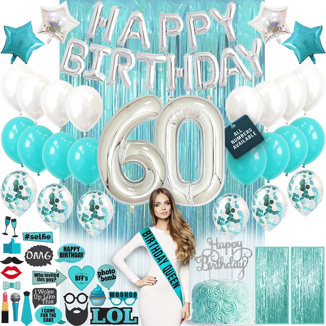 Decoraciones de cumpleaños número 60, suministros para fiesta de cumpleaños  número 60, pancarta de sesenta cumpleaños verde azulado, globos de confeti  para ella, decoración para pastel de 60 -  España