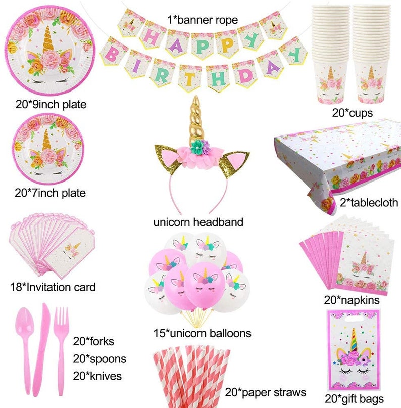 Glittery Unicorn Headband Complete Unicorn Party Supplies /& Decorations Disposable Tableware Set Magical Balloons 24 Unicorn Cupcake
