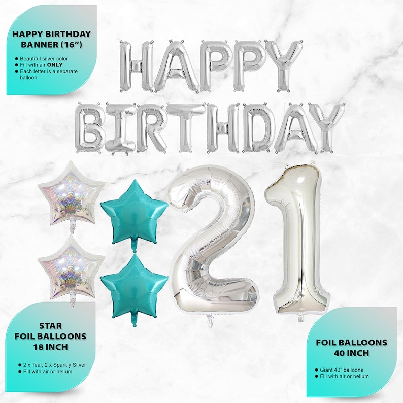 Cake Topper Banner Confetti Balloons Curtains Photo Props Teal Green Turquoise 21 Birthday Decorations for Her 21st Birthday