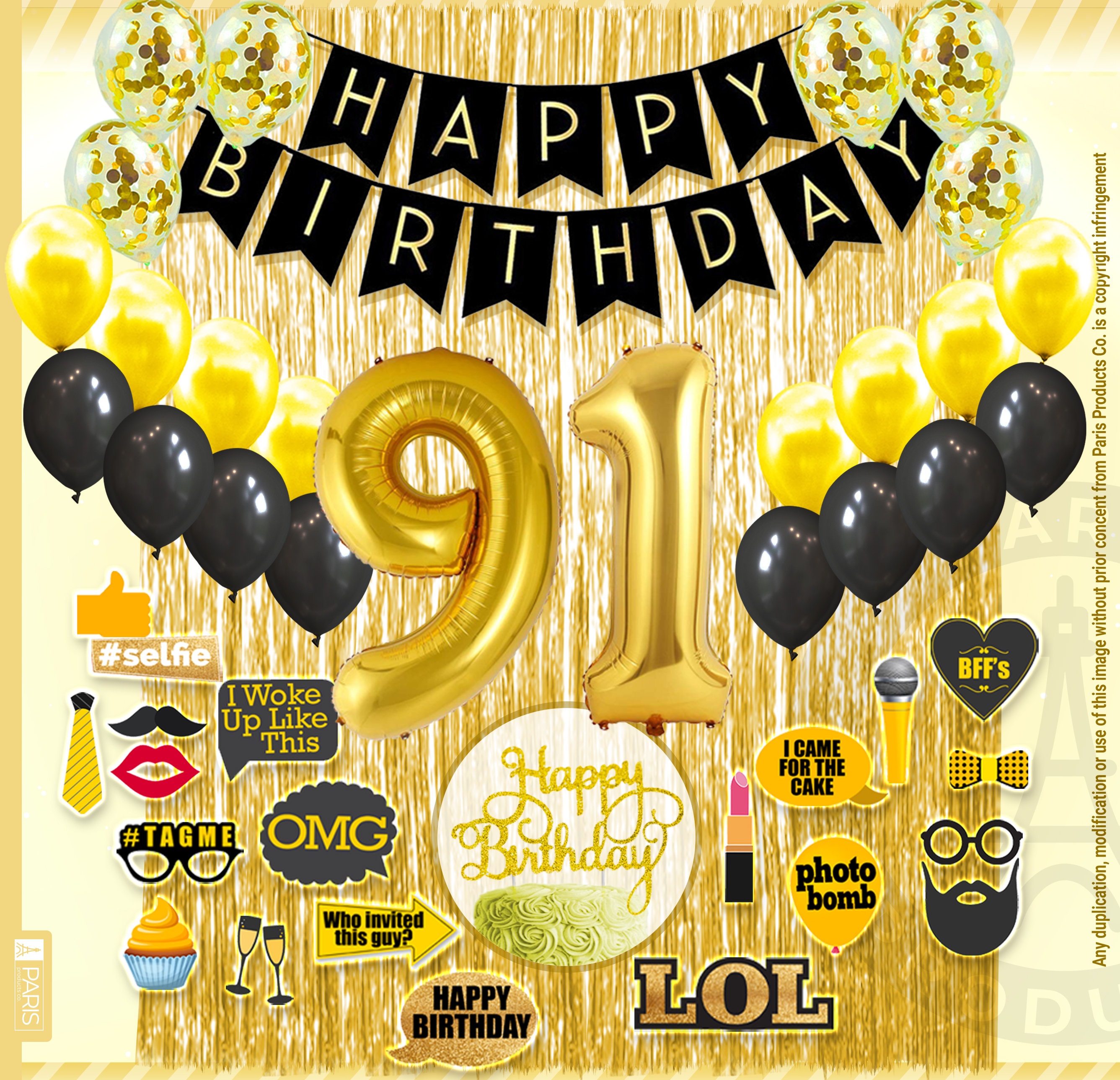 91st Birthday Decoration Black and Gold for Boy & Girl, 91st Cake Topper, 91st Party Supplies for Her and Him, 91st Birthday Photo Props