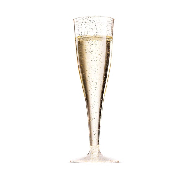 50 Gold Glitter Plastic Champagne Flutes ~ 5 Oz Clear Plastic Toasting Glasses