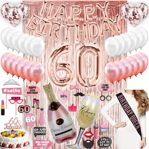 60th Birthday Decorations, 60th Birthday Party Supplies, Sixty Birthday Banner Rose Gold, Confetti Balloons Her, 60 Cake Topper