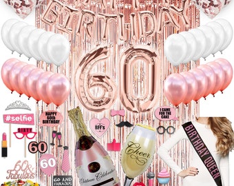 60th Birthday Decorations, 60th Birthday Party Supplies, Sixty Birthday Banner Rose Gold, Confetti Balloons Her, 60 Cake Topper