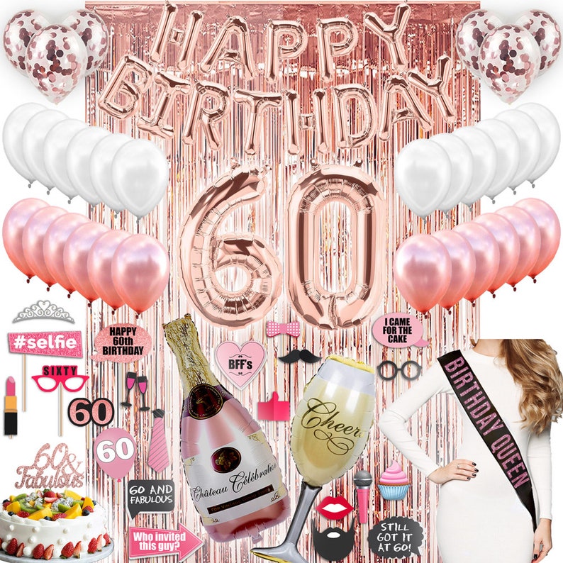 60th Birthday Decorations, 60th Birthday Party Supplies, Sixty Birthday Banner Rose Gold, Confetti Balloons Her, 60 Cake Topper image 1