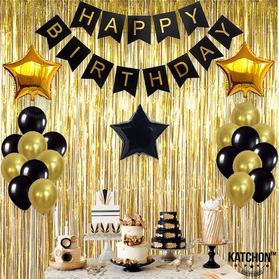 Decoracion Globos dorado negro Cumpleaños Happy Birthday Cortina