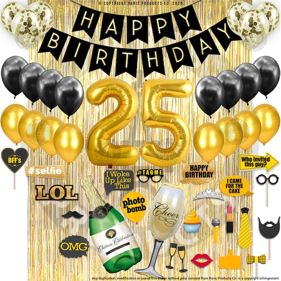 25th Black and Gold Birthday Decorations for Men and Women, Balloons, 25th  Birthday Banner, 25th Photo Props, Cake Topper, Gold Curtain 
