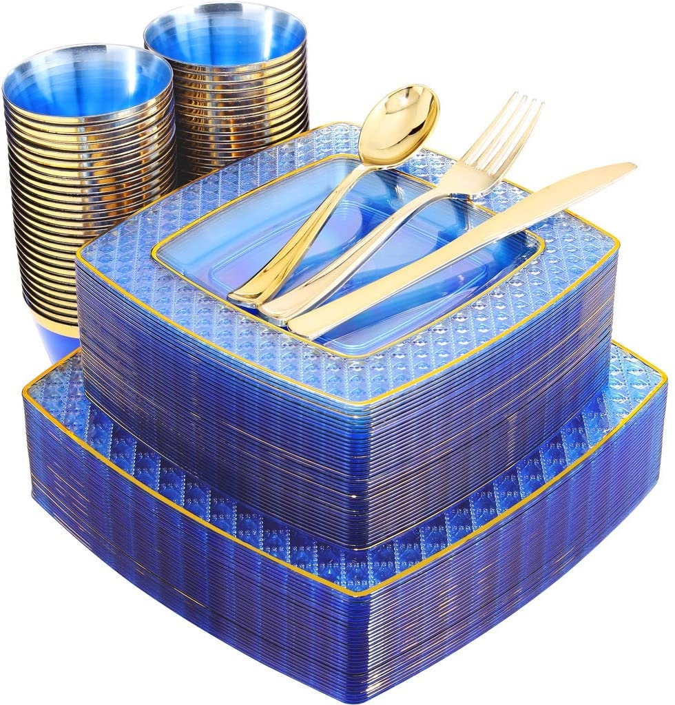 150PCS Clear Blue Plastic Plates with Gold Rim &Gold Plastic Etsy