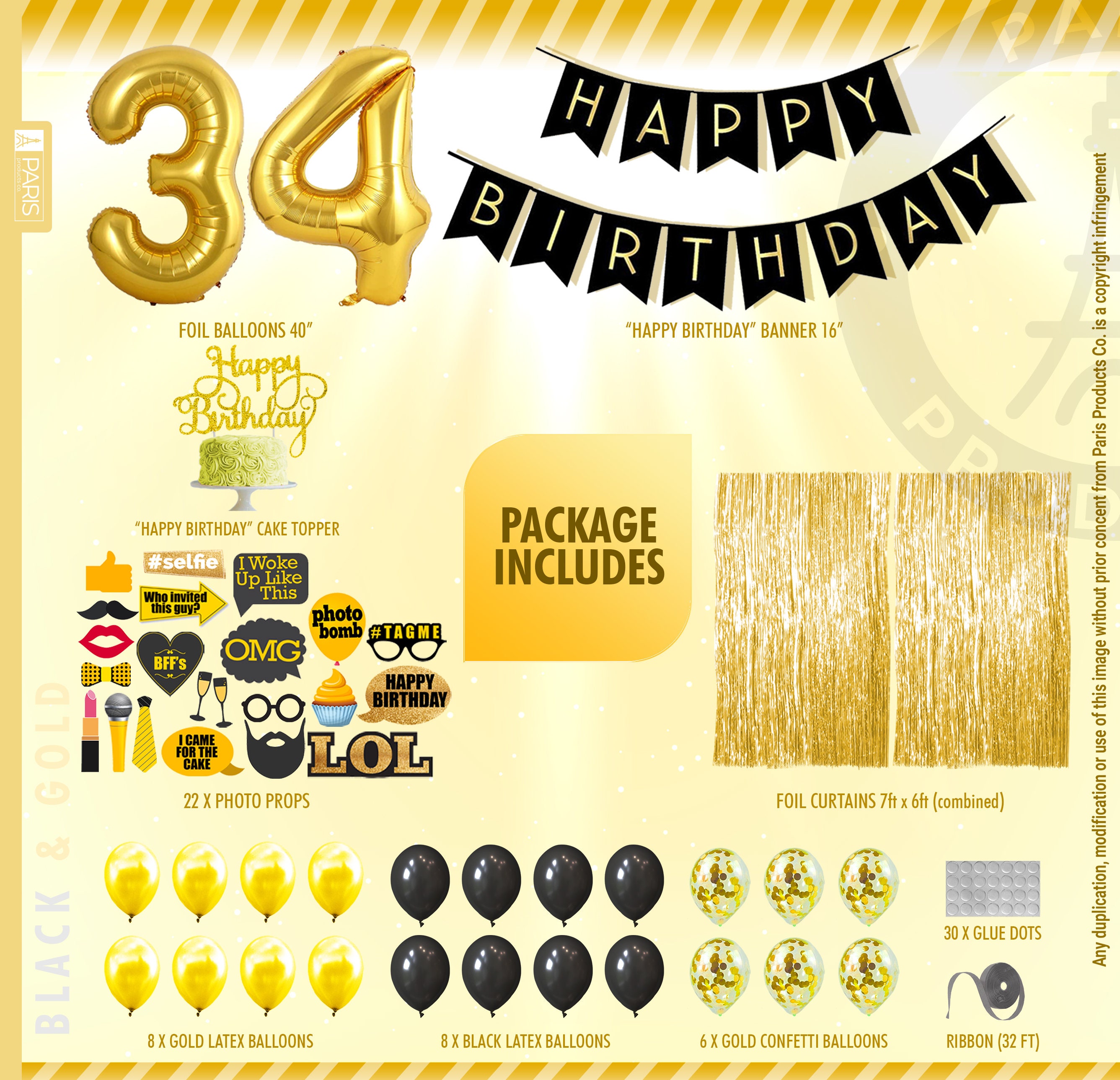 Decoración de cumpleaños número 34 en negro y dorado para niño y
