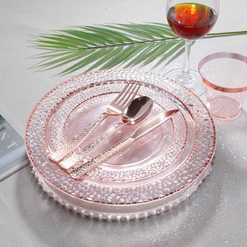 175PCS Pink with Rose Gold Rim Disposable Plastic Plates Set Etsy