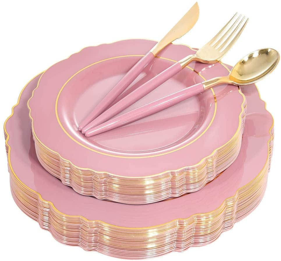 100pcs Pink Plastic Plates Baroque Pink and Gold Disposable Etsy