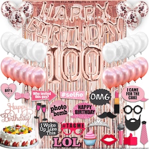 100 Birthday Decoration Rose Gold, 100 Party Supplies Decoration, 100th Sash, 100 Cake Topper, 100th Photo Props, confetti Balloons, Curtain