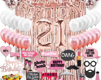 21st Birthday Decoration Rose Gold, 21 Party Supplies Decoration, 21st Sash, 21 Cake Topper, 21st Photo Props, confetti Balloons, Curtain