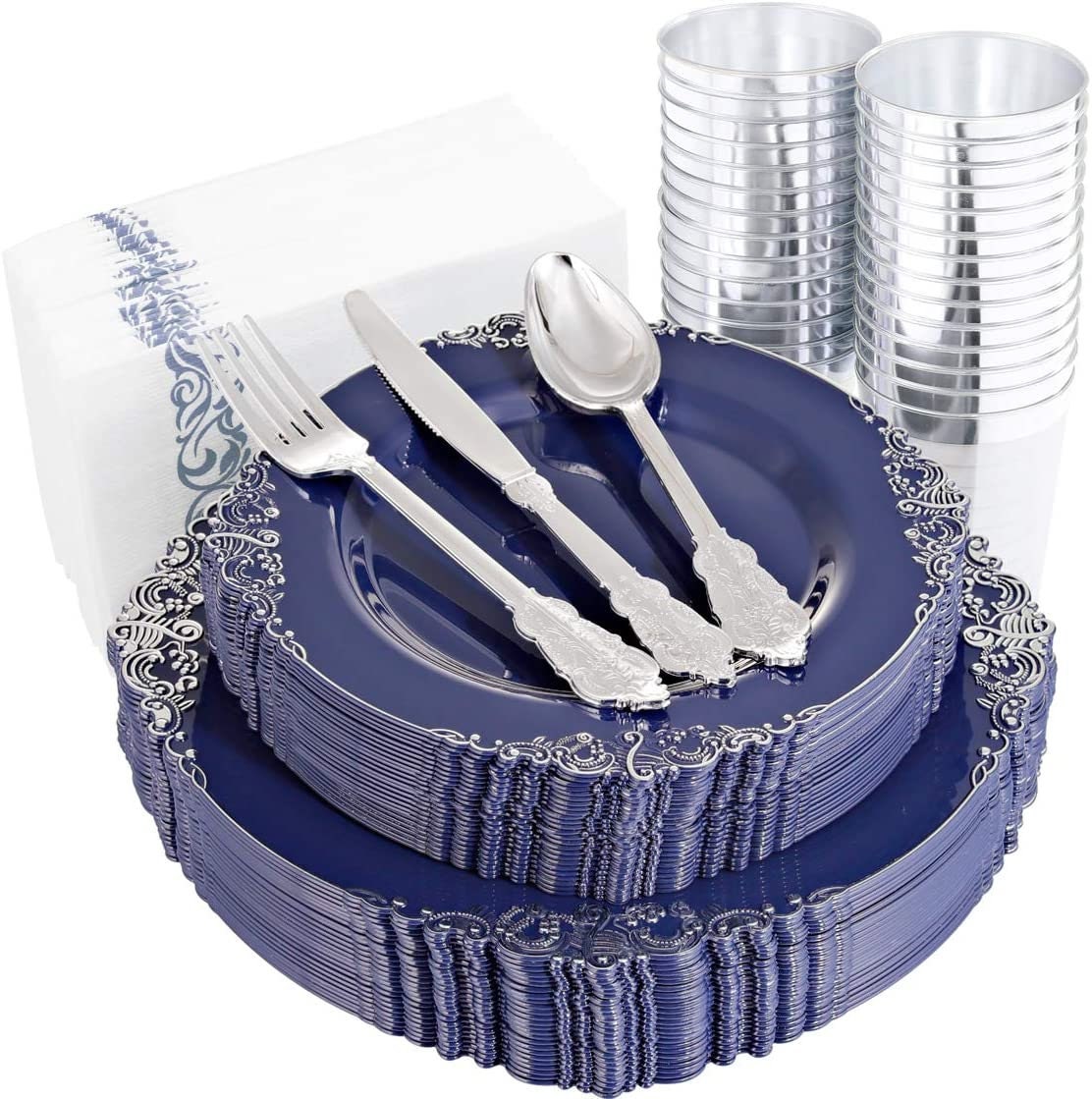 25 Guest Blue Plastic Plates with Silver Rim&Disposable Silver Etsy