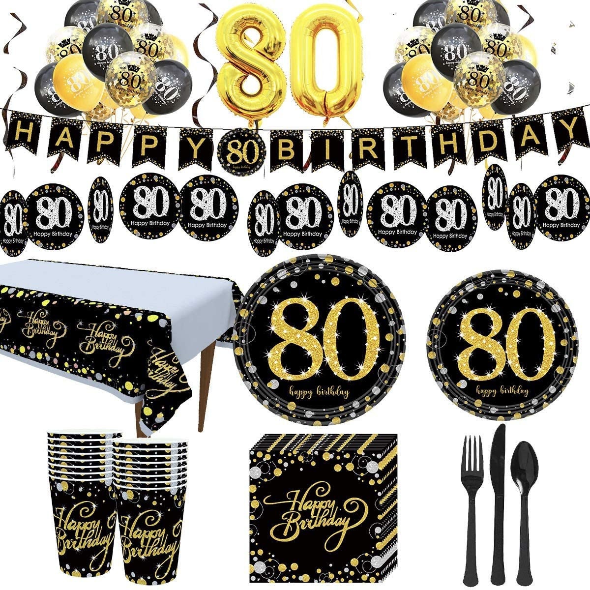 80th Birthday Party Supplies Black and Gold Disposable Paper | Etsy