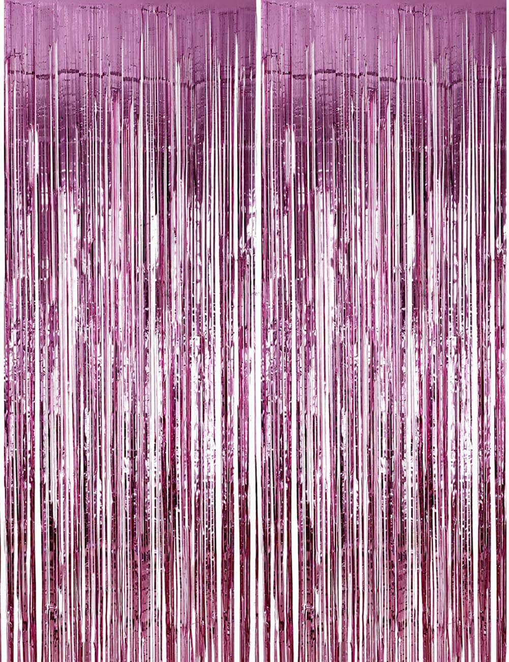 2 Pack light Pink Metallic Tinsel, Foil Fringe Curtains Party Photo Booth Props, Backdrop, Wedding Décor Baby Shower, Graduations, Birthday