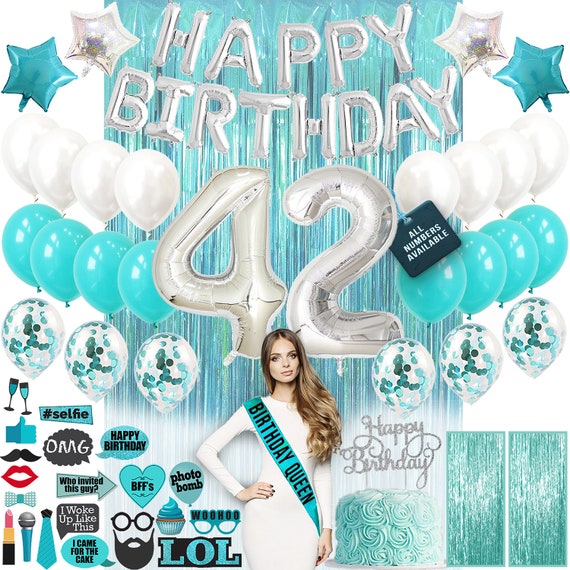 42nd Birthday Decorations  Birthday Party Supplies Forty two Birthday  Banner Teal Green Confetti Balloons her photo 42 Bday Cake Topper